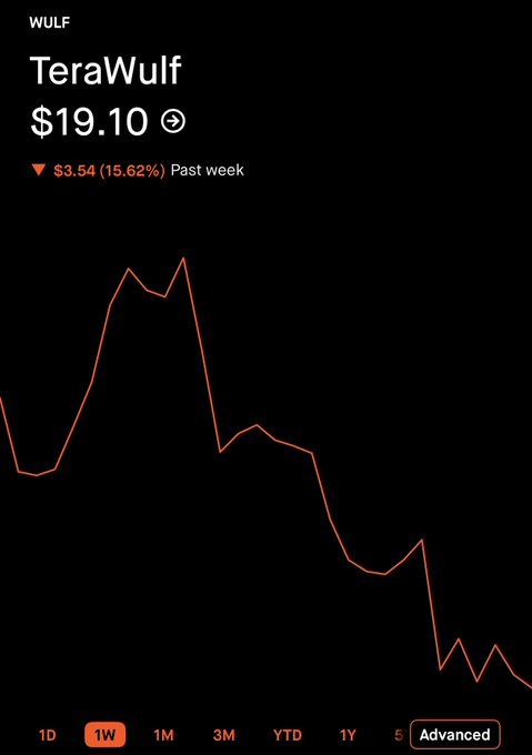 A Robinhood stock chart shows TeraWulf (WULF) at $19.10, down $3.54 (15.62%) over the past week, with the price trending sharply downward after an early peak. The steep decline visualizes the poster's frustration about New York's decision driving significant losses for the company.

Ticker: $WULF