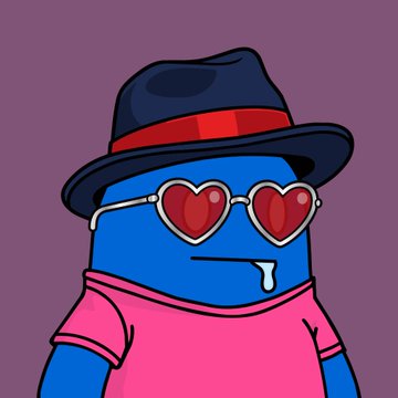 A cartoon Among Us character with a blue body, pink shirt, black fedora hat, and red heart-shaped sunglasses is drooling against a purple background.