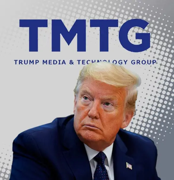 The image shows Donald Trump with the Trump Media & Technology Group (TMTG) logo, relating to the news that TMTG, ticker $DJT, recorded significant unrealized losses on its digital assets, including Bitcoin ($BTC) and Cronos ($CRO), in the first half of 2026.