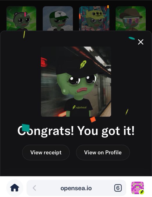 Mobile screenshot from opensea.io showing a purchase confirmation with 'Congrats! You got it!' over an image of a green alien character NFT wearing a black Robinhood shirt and cap.