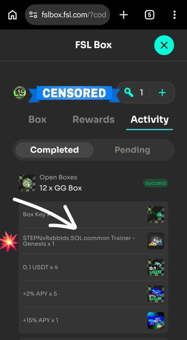 A mobile screenshot of FSL Box Activity tab (fslbox.fsl.com/?cod) showing a completed 'Open Boxes' result for 12 x GG Box, with an arrow pointing to a 'STEPNxRabbids SOL common Trainer – Genesis x 1' NFT.