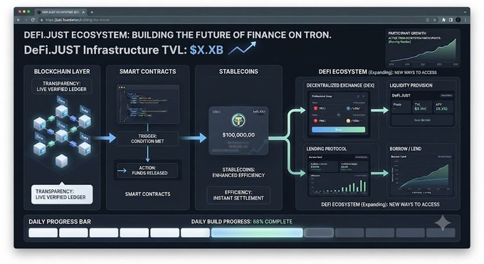 A DeFi ecosystem infographic titled 'DEFI.JUST ECOSYSTEM: BUILDING THE FUTURE OF FINANCE ON TRON' showing TVL, blockchain layers, smart contracts, stablecoins, and a DEX with DeFi.JUST pools.