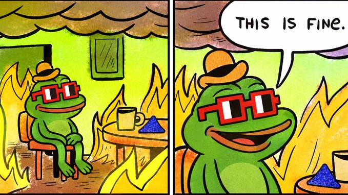 The image is a two-panel "This is Fine" meme featuring Pepe the Frog wearing red pixelated sunglasses and a small orange hat, sitting calmly at a table with a coffee mug while surrounded by flames engulfing the room. The right panel zooms in on Pepe's smiling face with the speech bubble reading "THIS IS FINE." The meme humorously fits the "gm onchain enjoyers" post by portraying a casual, unfazed acceptance of chaotic or volatile onchain crypto market conditions.