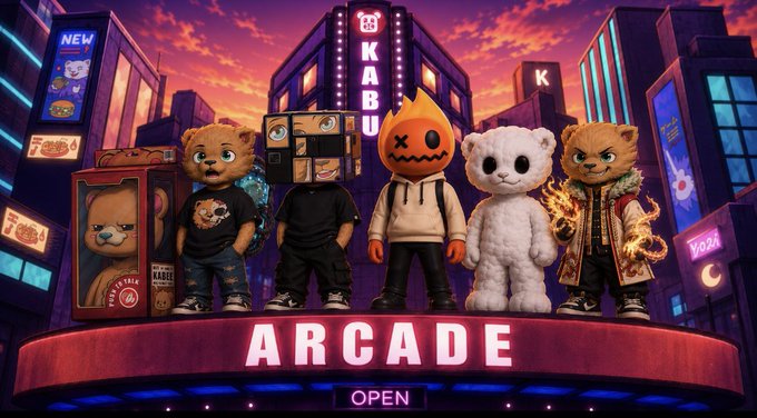 The image features five teddy bears standing next to each other, with one of them wearing a Halloween costume that resembles a jack-o-lantern. The background shows an arcade game sign, indicating that they are at an arcade or a similar entertainment venue. The text in the image reads "it's time for you to learn about @kabuxyz dating back to late 2024 was the first time i heard about what was going to happen here thanks to a friend @BawsaXBT hosting spaces leading up to the mint if it wasn't for me having a desire to learn from those who were in a spot where".