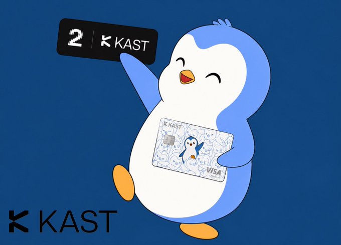 A promotional graphic for KAST featuring a cartoon penguin mascot holding a KAST Visa card, with a '2 | KAST' tag and the KAST logo at the bottom.