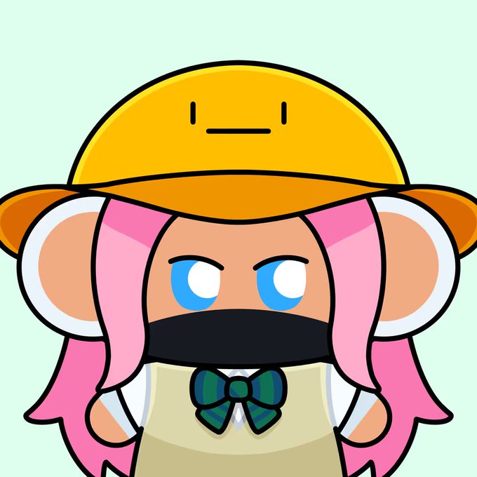 A cartoon-style illustration of a pink-haired character wearing a yellow duck hat with a simple face, blue eyes, a black mask, and a green bow tie, set against a light green background.