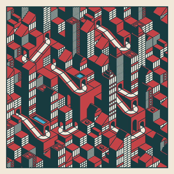 An isometric abstract cityscape featuring red, teal, and cream-colored buildings interconnected by curving white bridges and pathways. The geometric composition, captioned as "IsoMetro #165" by @rich__poole and @rickacrane, resembles a stylized transit map with no visible text, numbers, or signage within the artwork itself.