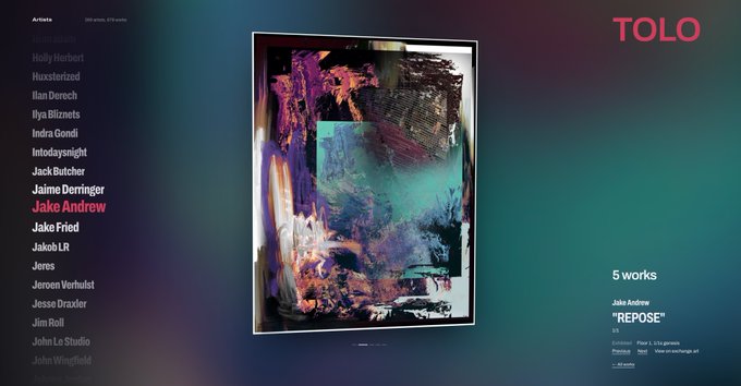 Screenshot of the TOLO.art NFT marketplace showing an artwork titled 'REPOSE' by Jake Andrew with the artist 'Jake Andrew' highlighted in the sidebar list of 286 artists.