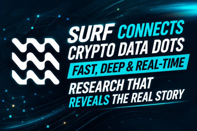 Promotional graphic for SURF stating 'SURF CONNECTS CRYPTO DATA DOTS' and 'FAST, DEEP & REAL-TIME RESEARCH THAT REVEALS THE REAL STORY.'