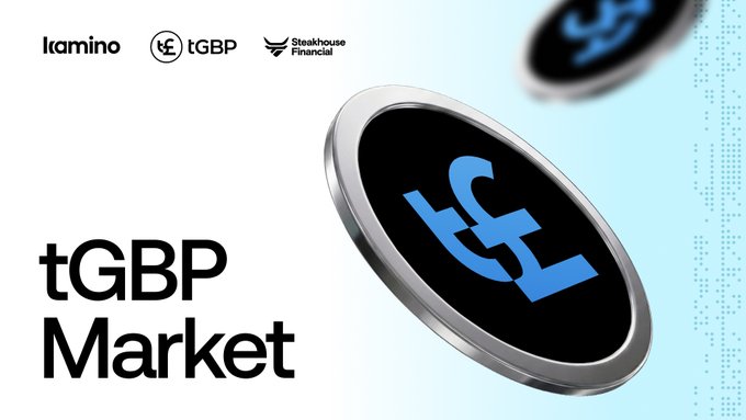 A promotional graphic for 'tGBP Market' by L Camino and Steakhouse Financial, featuring a 3D metallic coin with a blue 'Ł' symbol against a light blue background.