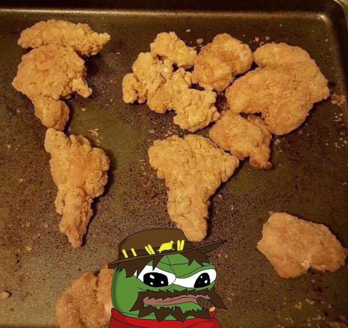 Fried chicken nuggets arranged to look like a world map on a baking sheet, with a Pepe the Frog cartoon character wearing a hat and smoking a cigar overlaid at the bottom.