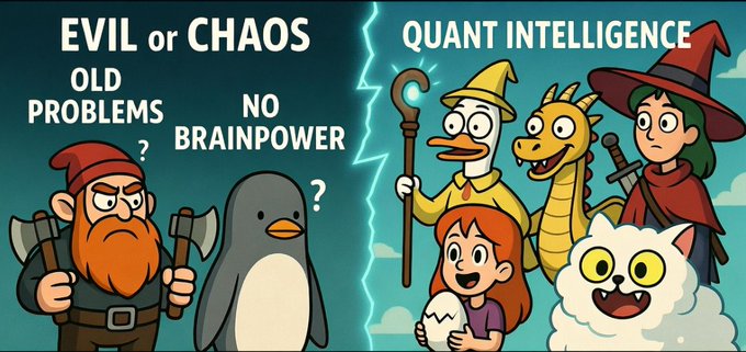 A cartoon-style meme split by a lightning bolt contrasts "EVIL or CHAOS" (depicted by a grumpy dwarf and confused penguin representing "OLD PROBLEMS" and "NO BRAINPOWER") against "QUANT INTELLIGENCE" (shown as a heroic wizard, dragon, witch, girl, and cat). The image promotes a meme contest with the tagline "Quant × Quants," aligning the witty, magical characters of the "Good" side with the intelligence theme of @tryquantio and @nftquants.