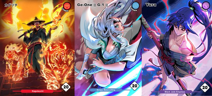 Three anime-style mobile game cards featuring 'Kagekazuchi' (fire), 'Ge-One G-1' (Soraya, Watermerching, water), and 'Yura' (Black Jade Empress, lightning), all labeled as 'EPIC' rarity.