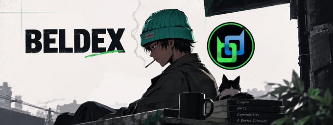 An anime-style illustration shows a figure in a green beanie smoking a cigarette next to a black cat, with the text 'BELDEX' and a green logo, alongside a menu listing 'Crypto', 'NFTs', 'Communities', and 'A Better Internet'.