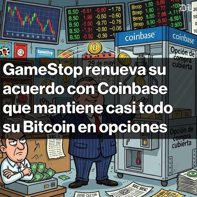 The image features a cartoon man dressed in a suit standing next to a machine filled with money. The text in the image reads "GameStop renueva su acuerdo con Coinbase Mantiene casi todo su Bitcoin en contratos de opciones". This translates to "GameStop is making money by buying Bitcoin and other cryptocurrencies", which is related to the post about GameStop.