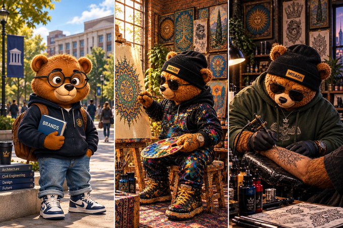 A three-panel illustration of an anthropomorphic teddy bear character in different scenarios: as an architecture student wearing glasses and holding a 'BRANDS' book, as an artist painting in a colorful studio, and as a tattoo artist wearing a 'MISAOH' beanie working on a client's arm.