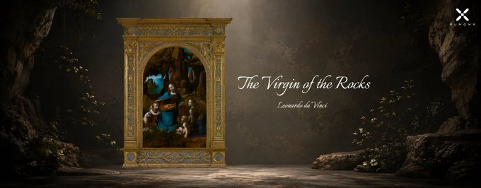 A promotional banner displaying Leonardo da Vinci's 'The Virgin of the Rocks' painting in an ornate gold frame, set within a dark, atmospheric cave setting with the XFLARE logo.