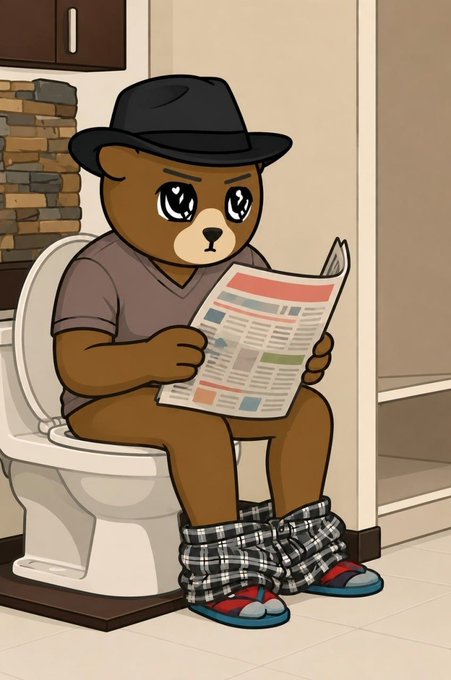 A cartoon bear wearing a black fedora, gray shirt, plaid pants, and red sandals sits on a toilet reading a newspaper.