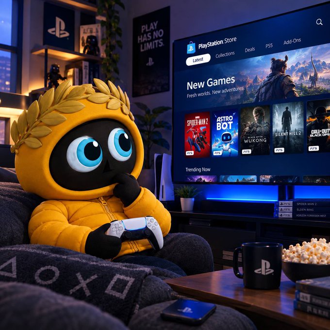A plush character in a yellow hooded outfit with a laurel wreath holding a PlayStation 5 controller in front of a TV displaying the PlayStation Store with Spider-Man 2, Astro Bot, and other games.