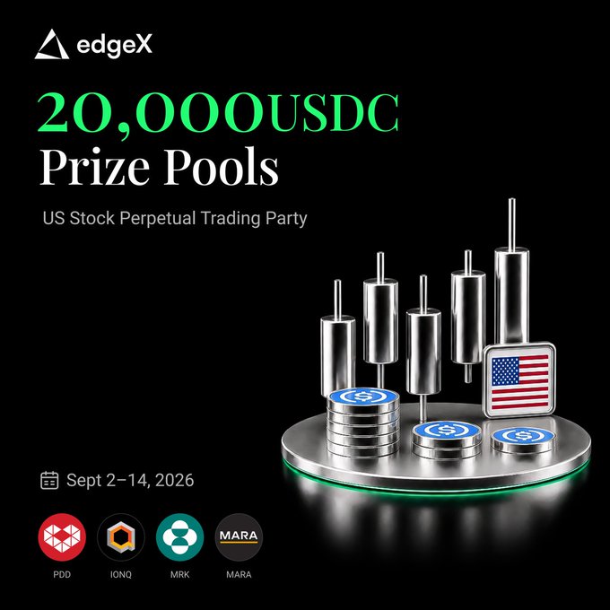 The image is a promotional graphic from edgeX announcing a "20,000 USDC Prize Pools" campaign for a "US Stock Perpetual Trading Party," featuring the tickers PPD, IONQ, MRK, and MARA, with the campaign period listed as Sept 2-14, 2026, alongside 3D-rendered coins, candlestick charts, and a US flag on a metallic platform against a black background.