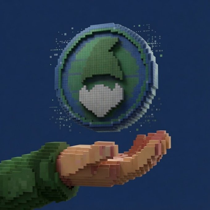 A pixelated/voxel-style image showing a hand holding a stylized Earth globe, with small pixel particles floating around it against a dark blue background. The "Gm" (good morning) post pairs with this image's theme of holding/presenting the world, suggesting an optimistic message of global goodwill to start the day.