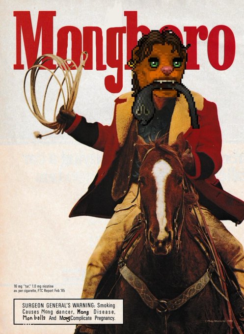 A parody cigarette advertisement featuring pixel art overlaid on a vintage horseback rider, with 'Mongboro' in red text and a Surgeon General's warning parody about 'Mong dancer, Mong Disease, Mong balls and MongComplicate Pregnancy.'