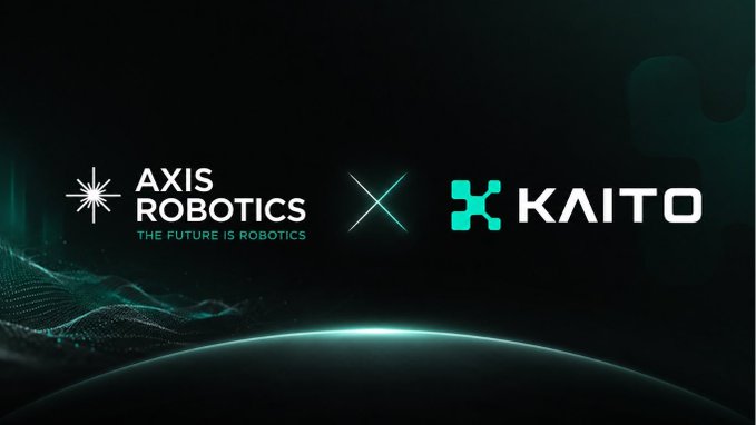 A promotional banner featuring a partnership between AXIS ROBOTICS ('THE FUTURE IS ROBOTICS') and KAITO, separated by a glowing X symbol against a dark teal background with a planetary curve.
