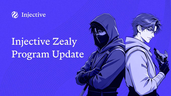 A promotional graphic with a blue background features the "Injective" logo and the text "Injective Zealy Program Update," alongside anime-style illustrations of two hooded characters. The image visually supports the announcement of Injective Zealy Season 2, highlighting the expanded 1,000+ $INJ monthly reward pool and opportunities to join the Injective Ambassador Program.