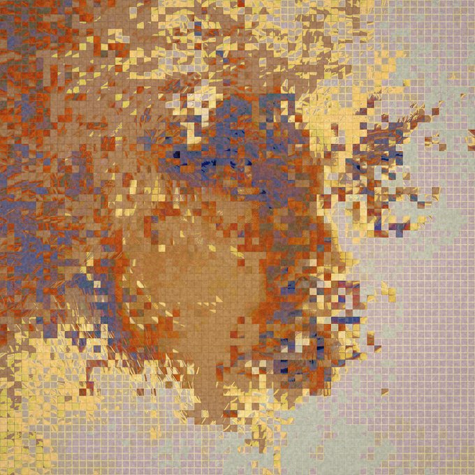 An abstract mosaic-style artwork composed of small colored tiles in earthy oranges, blues, yellows, and beiges, forming an indistinct shape.