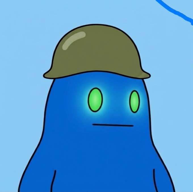 A digital illustration of a blue, rounded character with glowing green eyes wearing an olive green military helmet against a light blue background.