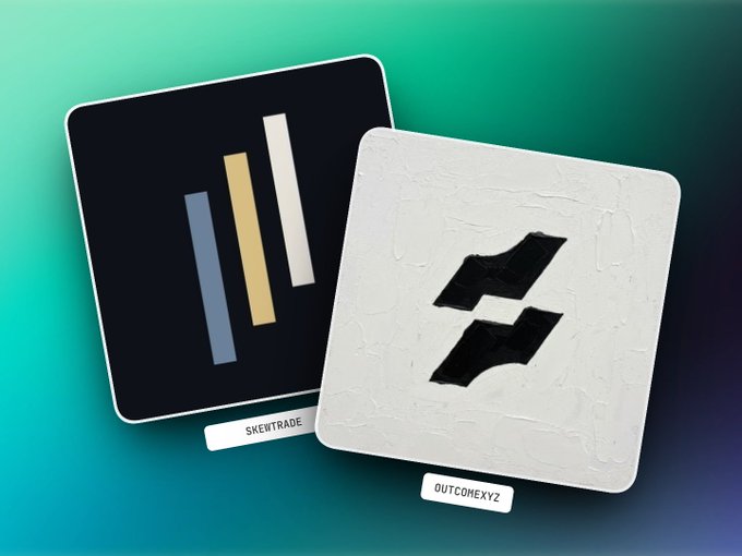 Two app icon mockups on a teal gradient background: a dark square labeled 'SKEWTRADE' with colorful ascending bars, and a white textured square labeled 'OUTCOMEXYZ' with a black stylized logo.