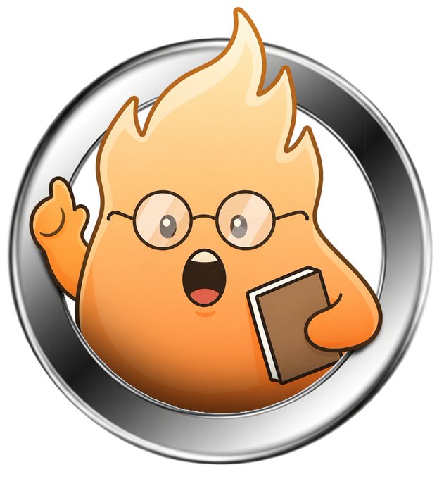 A cartoon flame character wearing round glasses, holding a book, and pointing upward, framed within a metallic silver ring.