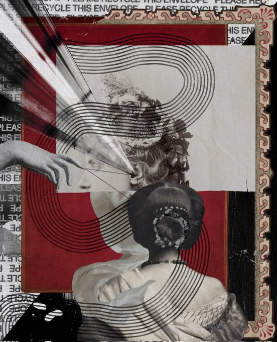 The image features a collage of various elements, including a woman's face with her hair styled in an updo, a man's hand holding a pen, and a red frame surrounding the composition. The background includes text that reads "Gm Happy #tezostuesday". This suggests that the image is related to a post on social media or a personal project, possibly celebrating a special occasion like TezostTuesday.