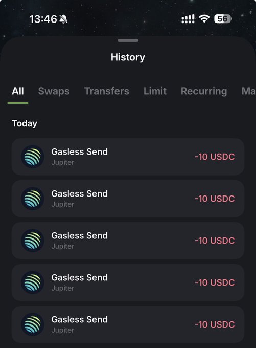 The image shows a transaction history screen displaying five "Gasless Send" transactions via Jupiter, each showing "-10 USDC" sent today. This appears to be confirmation of the user sending $10 (USDC) to each of the five recipients mentioned in the post.
