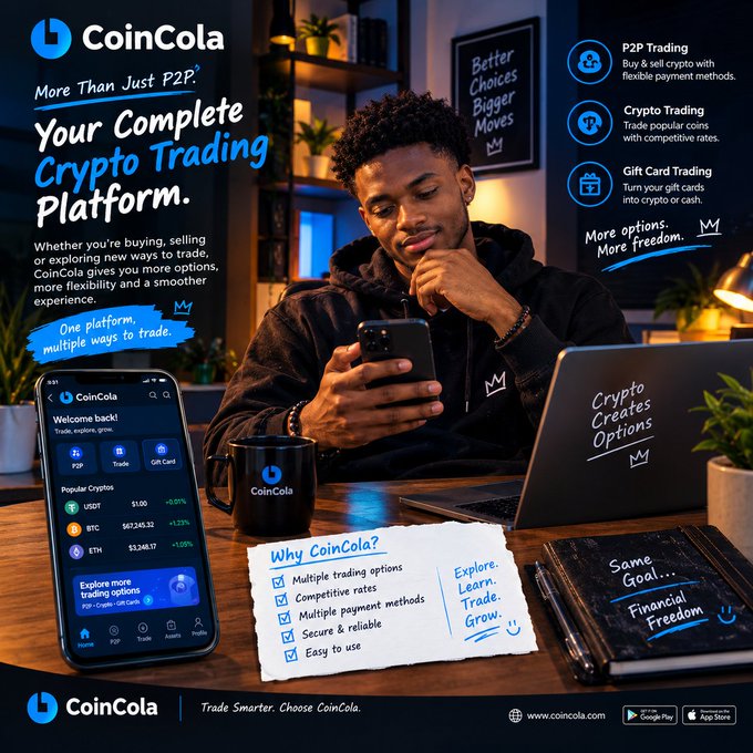 This is a CoinCola promotional image featuring a young man using a smartphone at his laptop, surrounded by branding text "Your Complete Crypto Trading Platform" with key features highlighted (P2P Trading, Crypto Trading, Gift Card Trading), a phone mockup showing USDT at $1.00, BTC at $67,245.32 (+1.23%), and ETH at $3,268.17 (+1.05%), and a checklist of benefits—relating to the post's point about needing flexible options like selling USDT, comparing rates, and finding payment methods after purchasing crypto.