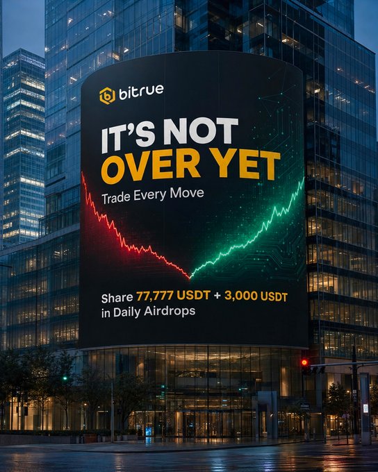 A large Bitrue billboard on the side of a city skyscraper at dusk displays the headline "IT'S NOT OVER YET — Trade Every Move," accompanied by a dramatic chart showing a red decline transitioning into a green rally, and advertises a share of 77,777 USDT plus 3,000 USDT in daily airdrops — visually reinforcing the post's message about seizing opportunity after a historic market recovery.