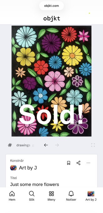 An objkt.com listing showing a colorful floral drawing titled 'Just some more flowers' by Art by J, marked as 'Sold!'.
