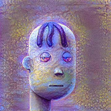 A digital artwork of a stylized, textured face with purple hair and large pink eyes set against a yellow and purple patterned background.
