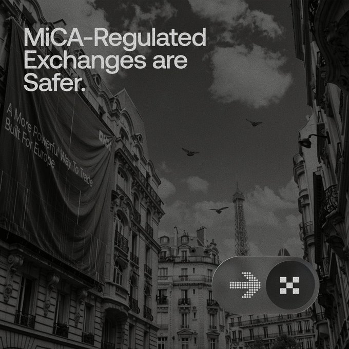 A black-and-white Parisian street scene featuring a banner reading "A More Powerful Way To Trade Built For Europe" alongside the OKX logo, with overlay text stating "MiCA-Regulated Exchanges are Safer." The image visually reinforces the post's message about MiCA's July 1 transition deadline, using the European setting to underscore OKX's compliance and positioning as a regulated exchange as unauthorized platforms shut down.