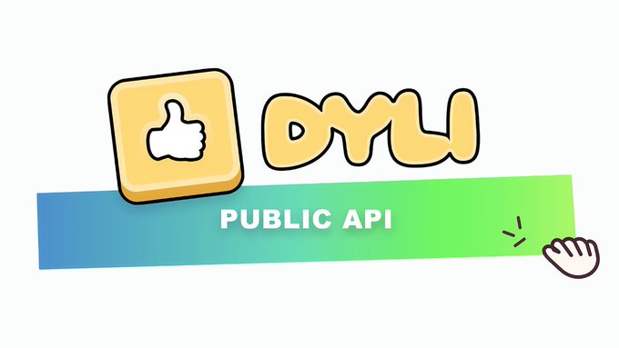 A promotional graphic displaying a yellow 'DM' app icon with a thumbs-up symbol and the text 'PUBLIC API' on a blue-to-green gradient banner with a clicking cursor icon.