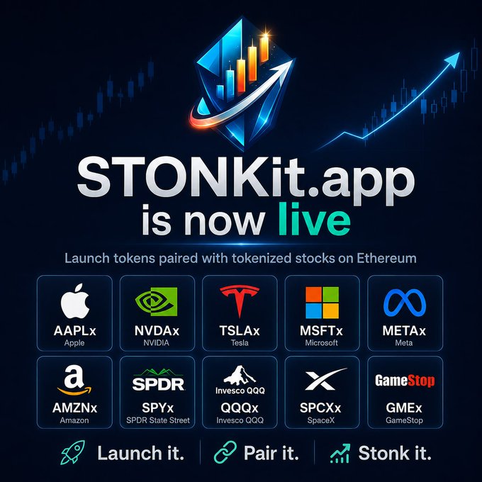 A promotional graphic announces 'STONKit.app is now live', offering tokenized stocks on Ethereum for major companies including Apple (AAPLx), NVIDIA (NVDAx), Tesla (TSLAx), Microsoft (MSFTx), Meta (METAx), Amazon (AMZNx), SPDR (SPY), Invesco QQQ (QQQx), SpaceX (SPCXx), and GameStop (GMEx).