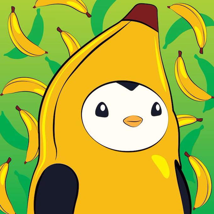 An illustration of a cartoon penguin character wearing a yellow banana costume, set against a green background filled with floating bananas.