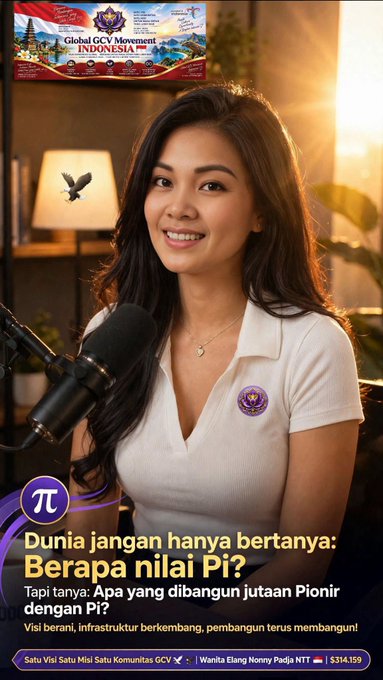 A promotional poster features a smiling woman in a white polo shirt with a Pi logo speaking into a microphone, with Indonesian text including 'Global GCV Movement INDONESIA', 'Dunia jangan hanya bertanya: Berapa nilai Pi?', and a ticker showing 'Satu Visi Satu Misi Satu Komunitas GCV ✓ | Wanita Elang Nonny Padja NTT — | $314.59'.