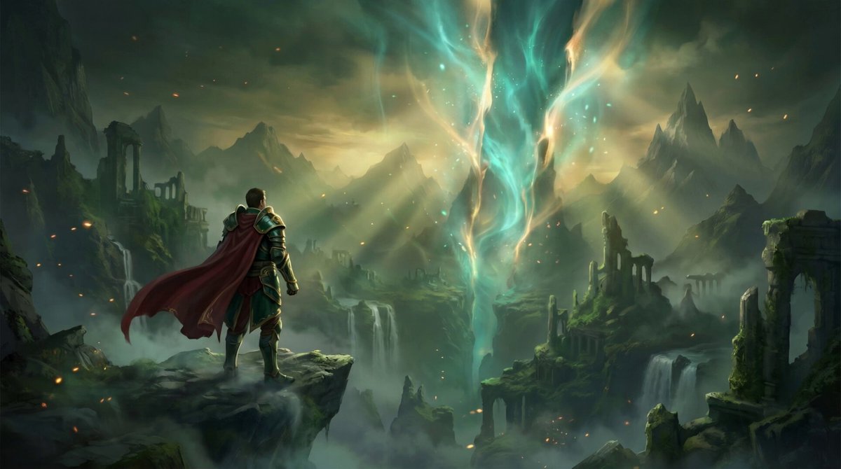 The image features a man standing atop a cliff, wearing armor and holding a sword. He appears to be a knight or warrior, ready for battle. The background depicts a mountainous landscape with waterfalls and ruins, creating an atmosphere of adventure and danger. The caption reads "The Veil has torn open. A new MMO awaits. Veilbound is live - a fantasy MMORPG you play instantly in your browser. Dungeons & Dragons. CA: GSp4qePZUHBtt5f4gE6AsRC9JUUqeZEJLeN2JZxLpump". The image seems to be promoting a new MMO, with the player's presence on top of a cliff and his sword in hand as part of the gameplay experience.