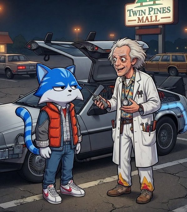 A cartoon illustration showing a blue anthropomorphic cat wearing a red vest and Nikes standing next to an eccentric white-haired scientist in a lab coat holding a remote, with the DeLorean time machine and a "Twin Pines Mall" sign in the background, parodying Back to the Future.