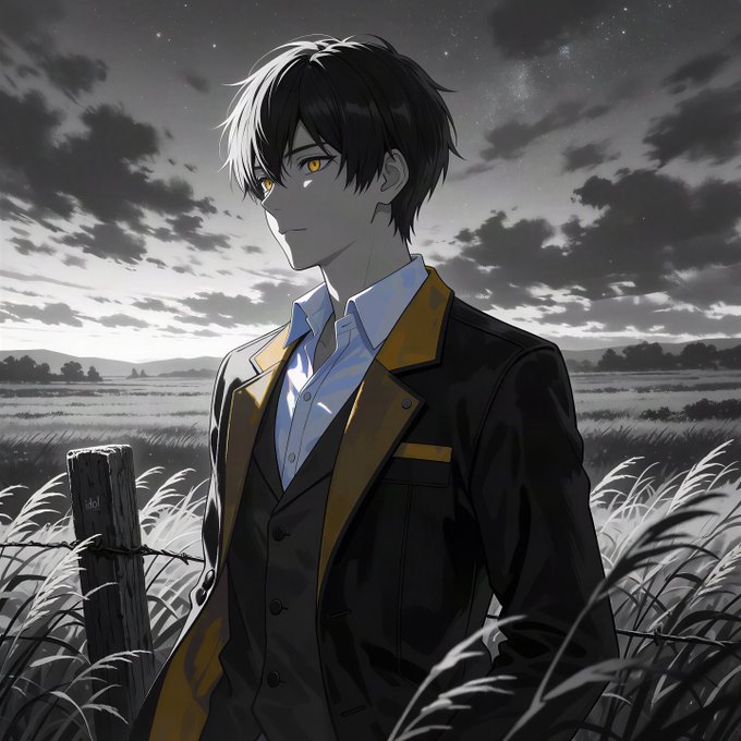 An anime-style illustration of a dark-haired character with golden eyes wearing a black and yellow jacket, standing in a moonlit field of tall grass.