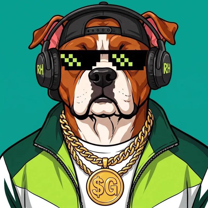 A digital illustration shows a brown and white dog wearing a backwards black cap, green pixelated sunglasses, large black headphones marked 'RH', and a gold chain with a '$G' medallion over a green and white jacket.