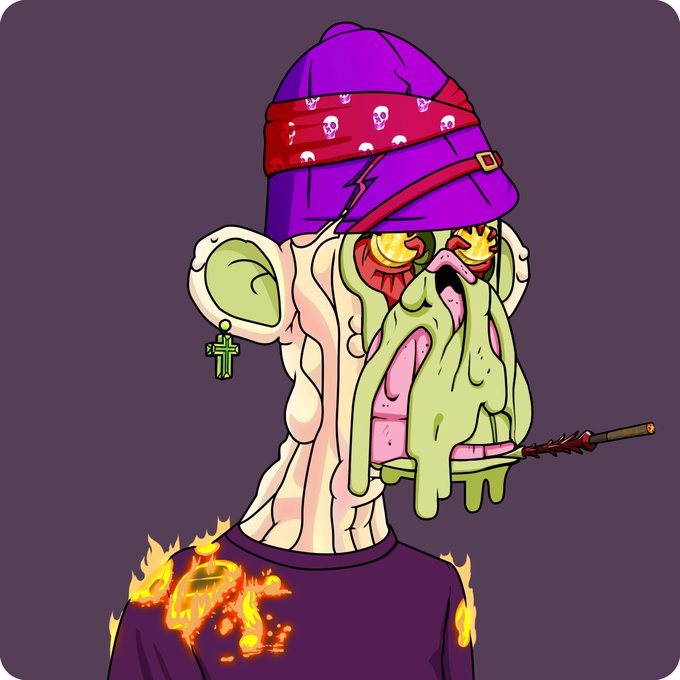 The image features a cartoon character wearing a purple hat with skulls on it, holding a pipe and smoking something that appears to be a joint or a pipe. The background of the image is dark purple, which contrasts with the bright colors of the character's outfit and the smoke coming out of their mouth. There are also some text elements in the image, including "This M1 is fire! (no literally your shirt is on fire)" and "@ApeChainHUB". These details suggest that the image might be related to a post or social media account dedicated to showcasing unique and interesting cartoon characters or artwork.