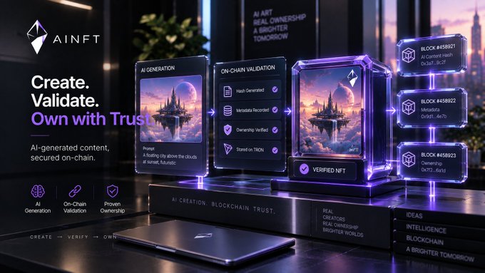A promotional graphic for AINFT displays 'Create. Validate. Own with Trust.' showing a workflow from 'AI GENERATION' to 'ON-CHAIN VALIDATION' to a 'VERIFIED NFT' on the Tron blockchain.