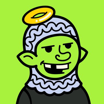 A cartoon illustration of a green-skinned character with a missing tooth, wearing a yellow halo and a blue hooded robe against a bright green background.
